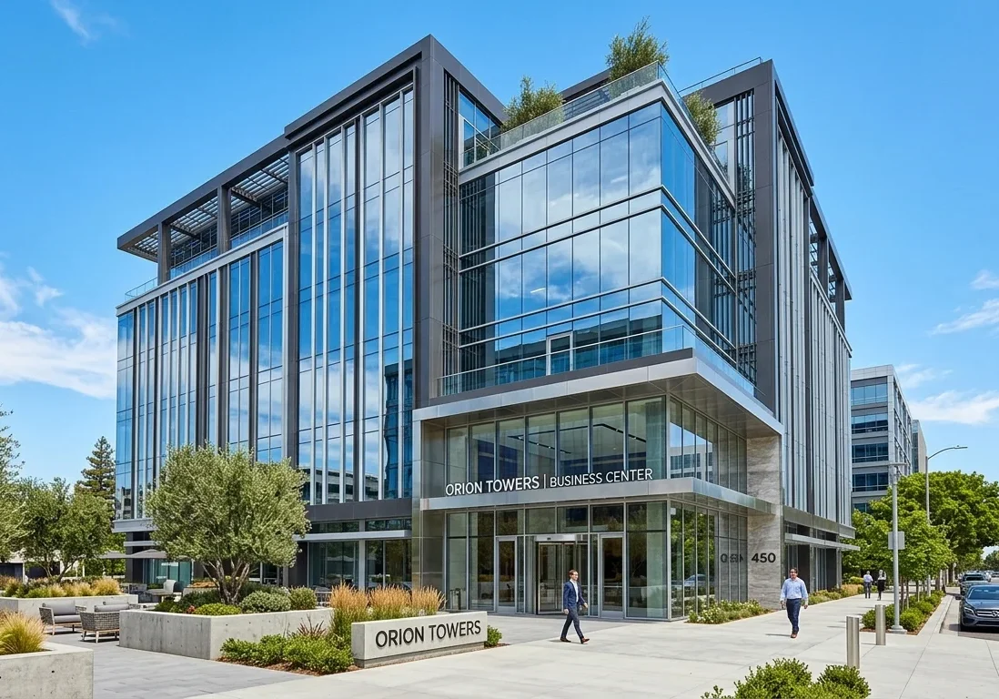 Clean, modern commercial real estate building exterior, bright daylight, clear blue sky.