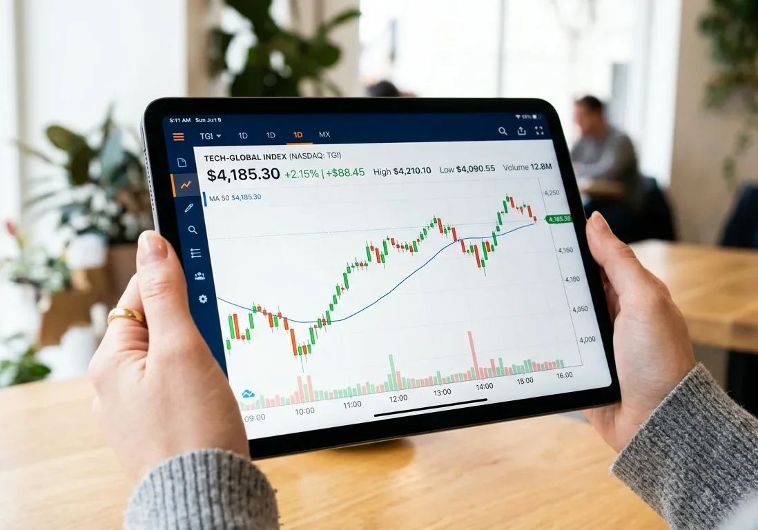 Close up of financial charts on a tablet screen held by a person, bright natural light.